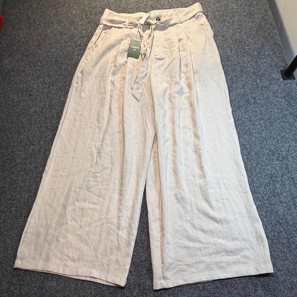 Halara High Waisted Belted Womens XL Beige Linen Blend Wide Leg Pants Casual NWT
